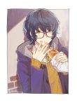  1boy :t aoba_tsumugi artist_name bangs black-framed_eyewear blue_hair booota brown_eyes closed_mouth coat eating ensemble_stars! eyebrows_visible_through_hair food food_on_face glasses hands_up holding holding_food looking_at_viewer male_focus open_clothes open_coat sandwich signature solo sweater upper_body 