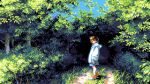  1girl brown_hair commentary forest from_side grass long_sleeves looking_at_viewer nature original otnweo outdoors path pixel_art road scenery shoes short_hair sky sneakers solo standing tree 
