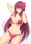  1girl arm_up blush breasts brown_hair cleavage collarbone eyebrows_visible_through_hair fate/grand_order fate_(series) flower hair_flower hair_ornament highres large_breasts long_hair looking_at_viewer navel parted_lips red_eyes scathach_(fate/grand_order) shukurimu smile solo swimsuit teeth thighs 