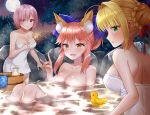  3girls ahoge animal_ears blonde_hair blush breasts cleavage collarbone eyebrows_visible_through_hair eyes_visible_through_hair fate/extra fate/extra_ccc fate/grand_order fate_(series) fox_ears fox_shadow_puppet full_moon green_eyes hair_over_one_eye hair_ribbon in_water large_breasts lavender_hair looking_to_the_side mash_kyrielight moon multiple_girls naomi_(fantasia) nature nero_claudius_(fate) nero_claudius_(fate)_(all) onsen open_mouth outdoors pink_hair ribbon rubber_duck short_hair star star_(sky) tail tamamo_(fate)_(all) tamamo_no_mae_(fate) violet_eyes yellow_eyes 