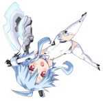  1girl ahoge axe battle_axe blue_hair blush chibi gloves iwasi-r leotard looking_at_viewer neptune_(series) open_mouth power_symbol red_eyes short_hair_with_long_locks sidelocks solo symbol-shaped_pupils weapon white_heart 
