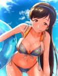  1girl bikini blue_bikini breasts brown_eyes brown_hair cleavage cowboy_shot front-tie_top hairband headset idolmaster idolmaster_cinderella_girls innertube leaning_forward long_hair looking_at_viewer medium_breasts nitta_minami plaid plaid_bikini side-tie_bikini smile solo swimsuit wattsu 