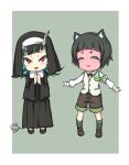  2girls alternate_costume animal_ear_fluff animal_ears animare bangs black_dress black_footwear black_hair black_headwear black_ribbon black_shorts blue_hair blunt_bangs blush commentary_request cross cross_necklace demon_girl demon_horns demon_tail dog_ears dress fang full-face_blush full_body green_background green_eyes green_legwear habit hashiba_natsumi_(animare) highres horns jewelry long_hair looking_at_viewer multicolored_hair multiple_girls neck_ribbon necklace nun open_mouth own_hands_together red_eyes ribbon rose22 shishio_chris shoes short_hair shorts simple_background smile smug sugar_lyric tail thick_eyebrows two-tone_background two-tone_hair vest virtual_youtuber white_background white_vest wide_sleeves 