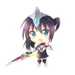  1girl :d absurdres bangs bare_shoulders black_hair black_hairband black_legwear black_skirt blue_eyes boots chibi clenched_hand commentary eyebrows_visible_through_hair fang female full_body genderswap genderswap_(mtf) gloves glowing glowing_sword glowing_weapon grey_boots hair_between_eyes hairband hand_up headgear highres holding holding_sword holding_weapon knee_boots long_hair looking_at_viewer open_mouth orbcalibur personification pleated_skirt ponytail shiny shiny_hair simple_background skirt smile solo standing sword taro_(ultrataro) thigh-highs ultra_series ultraman_orb ultraman_orb_(series) weapon white_background white_gloves zettai_ryouiki 