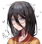  1girl artist_name black_hair blush boruto:_naruto_next_generations closed_mouth collarbone eyebrows_visible_through_hair glasses grey_eyes heart highres hwayoung hyuuga_hanabi long_hair looking_at_viewer naruto smile solo upper_body 