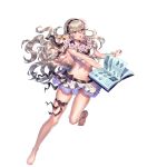  1girl bangs barefoot bikini bikini_skirt blonde_hair book breasts corrin_(fire_emblem) corrin_(fire_emblem)_(female) female fire_emblem fire_emblem_heroes fire_emblem_if flower flower_necklace flower_wreath full_body hair_between_eyes hair_ornament hairband highres holding holding_book layered_skirt leg_up long_hair looking_away midriff miniskirt official_art open_book open_mouth pointy_ears red_eyes ribbon simple_background skirt solo swimsuit thigh_ribbon transparent_background wavy_hair wreath 