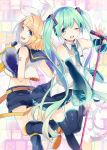  2girls bangs black_legwear blonde_hair blouse blue_eyes blush booota bow detached_sleeves eyebrows_visible_through_hair green_eyes green_hair hair_bow hair_ornament hairclip hatsune_miku headphones holding holding_microphone kagamine_rin leg_up long_hair looking_at_another microphone microphone_stand midriff multiple_girls one_eye_closed open_mouth sailor_collar short_hair short_shorts shorts sidelocks sleeveless_blouse smile thigh-highs thighs twintails very_long_hair vocaloid white_bow 