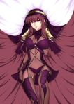  1girl absurdres artist_request ass_visible_through_thighs breasts fate/grand_order fate_(series) highres large_breasts lips lipstick long_hair looking_to_the_side lying makeup navel on_back purple_hair red_eyes red_lipstick scathach_(fate/grand_order) see-through skin_tight solo spaulders thigh_gap veil 