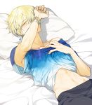  1boy armpits bead_bracelet beads bed bed_sheet blonde_hair blush bracelet collarbone covering_face earrings eyebrows_visible_through_hair gradient_clothes hair_between_eyes hand_on_own_chest jewelry king_of_prism_by_prettyrhythm kisaragi_louis lying male_focus midriff navel off-shoulder_shirt on_back on_bed pants pillow shirt shirt_lift single_earring solo sukja sweatpants yellow_eyes 
