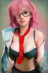  1girl bra fate/grand_order fate_(series) glasses hair_over_one_eye highres lips looking_at_viewer navel necktie open_clothes open_shirt parted_lips photorealistic pink_hair ryan_tien shielder_(fate/grand_order) shirt solo underwear violet_eyes 