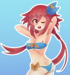  1girl arms_up ass bad_anatomy barefoot bikini blush breasts choujigen_game_neptune cleavage collarbone front-tie_bikini front-tie_top groin hair_ornament highres jewelry long_hair looking_at_viewer mahruru medium_breasts midriff navel neptune_(series) one_eye_closed redhead shin_jigen_game_neptune_vii side-tie_bikini smile solo stomach swimsuit tennouboshi_uzume tied_hair twintails 