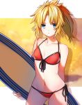  1girl absurdres ayamori_mimi bikini blonde_hair contrapposto cowboy_shot fate/apocrypha fate/grand_order fate_(series) flat_chest front-tie_top green_eyes groin highres long_hair looking_at_viewer navel ponytail red_bikini saber_of_red side-tie_bikini solo surfboard swimsuit 