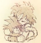  1boy 1girl black_hair closed_eyes dragon_ball gine hug monochrome mother_and_son open_mouth simple_background son_gokuu spiky_hair tail tkgsize traditional_media wristband 