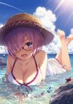  1girl bare_shoulders barefoot bikini_top bird blue_sky breasts cleavage clouds cloudy_sky collarbone crab day fate/grand_order fate_(series) glasses hair_over_one_eye hat large_breasts looking_at_viewer ouka_(ra-raradan) outdoors purple_hair shielder_(fate/grand_order) short_hair sky smile solo straw_hat summer sunlight the_pose violet_eyes water water_drop white_bikini_top 