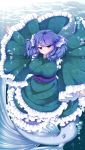  1girl blue_eyes blue_hair breasts drill_hair frilled_sleeves frills full_body green_kimono head_fins highres japanese_clothes kimono large_breasts mermaid monster_girl obi outstretched_arms sash shiro_oolong-cha solo touhou underwater wakasagihime wide_sleeves 