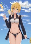  1girl ahoge artoria_pendragon_(swimsuit_archer)_(fate) asymmetrical_bikini black_jacket blonde_hair fate/grand_order fate_(series) green_eyes highres jacket long_hair looking_at_viewer saber solo swimsuit thigh_gap water_gun yukarite 