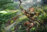  1girl april_dede archery armor arrow bangs belt belt_buckle bikini_armor boots bow_(weapon) breasts buckle cape cleavage cliff closed_mouth clouds dragon elf facepaint facial_mark fantasy fingerless_gloves flying forest gem gloves grass highres holding holding_weapon hood landscape large_breasts leaf leather leather_boots motion_blur mountain nature original outdoors plant pointy_ears quiver redhead rock shoulder_pads skirt sky solo thigh-highs thigh_boots tree wavy_hair weapon white_eyes 