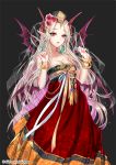 1girl blonde_hair copyright_name demon_wings elf flower hair_flower hair_ornament hat interitio japanese_clothes jewelry multiple_wings official_art pointy_ears red_eyes sid_story solo wings 