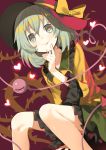  1girl bare_legs black_hat bow green_eyes green_hair green_skirt hat hat_bow heart heart-shaped_pupils highres komeiji_koishi looking_at_viewer sh_(562835932) shirt sitting skirt smile solo symbol-shaped_pupils third_eye tongue tongue_out touhou yellow_bow yellow_shirt 