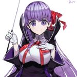  1girl artist_name bb_(fate/extra_ccc) blush bow breasts closed_mouth eyebrows_visible_through_hair fate/extra fate/extra_ccc fate_(series) gloves hair_bow hwayoung large_breasts looking_at_viewer purple_hair red_bow red_ribbon ribbon smile solo upper_body violet_eyes white_gloves 