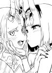  2girls asanagi bangs black_nails blush close-up commentary_request eyebrows_visible_through_hair fangs fate/grand_order fate_(series) fingernails greyscale hand_on_another&#039;s_chin hand_on_another&#039;s_shoulder ibaraki_douji_(fate/grand_order) kiss looking_at_another looking_at_viewer medium_hair monochrome multiple_girls nail_polish oni_horns open_mouth short_hair shuten_douji_(fate/grand_order) simple_background tattoo thick_eyebrows white_background 