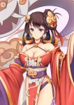  1girl absurdres bare_shoulders black_hair blue_eyes blush breasts character_request cleavage closed_mouth collarbone eyebrows_visible_through_hair highres large_breasts looking_at_viewer onmyoji red_ribbon ribbon short_hair smile solo upper_body youl 