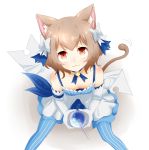  1boy :3 animal_ears arm_ribbon bangs bare_shoulders bendy_straw blue_choker blue_legwear blue_ribbon bob_cut body_blush bolo_tie bow bow_dress brown_eyes brown_hair cat_ears cat_tail choker closed_mouth collarbone commentary dot_nose dot_pupils downblouse dress dress_bow drink drinking_straw elbow_gloves eyebrows_visible_through_hair felix_argyle from_above gloves hair_bow hair_ribbon highres jewelry large_bow layered_dress looking_at_viewer looking_up male_focus motion_lines otoko_no_ko parted_bangs pendant re:zero_kara_hajimeru_isekai_seikatsu ribbon shika_tsui short_dress short_hair simple_background sitting sleeveless sleeveless_dress smile solo spaghetti_strap spread_legs striped striped_legwear tail thigh-highs trap vertical-striped_dress vertical-striped_legwear vertical_stripes white_background white_bow white_dress white_gloves 