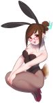  1girl :d abeja animal_ears bangs bare_arms bare_shoulders black_leotard breasts brown_eyes brown_hair bunny_earrings bunny_girl bunny_tail bunnysuit cleavage detached_collar earrings eyebrows_visible_through_hair fake_animal_ears fishnet_pantyhose fishnets glasses hair_bun hair_ornament hair_stick hands_on_own_knees high_heels highres jewelry leotard looking_at_viewer medium_breasts mei_(overwatch) open_mouth overwatch pantyhose pink-framed_eyewear rabbit_ears red_shoes shoes sidelocks simple_background smile solo swept_bangs tail upper_teeth white_background 