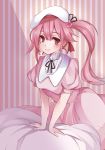  1girl alternate_costume bed_sheet beret casual contemporary dress harusame_(kantai_collection) hat highres kantai_collection long_hair looking_at_viewer nonkomu_(furiten5553) pink_dress pink_eyes pink_hair side_ponytail smile solo 