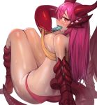  1girl absurdres bare_shoulders blush breasts dragon_girl food food_in_mouth from_behind gold_teeth highres horns hot jabberwock_(monster_girl_encyclopedia) large_breasts long_hair looking_back monster_girl monster_girl_encyclopedia paws pink_hair popsicle red_eyes slit_pupils solo sookmo sweat tail tentacle thighs wings 