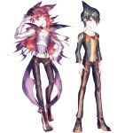  2boys adjusting_clothes adjusting_hat arms_at_sides black_hair crobat cross-laced_footwear groin hand_on_hip hat jewelry lemming_no_suana long_hair looking_at_viewer male_focus multiple_boys necklace orange_eyes pants personification pokemon seviper shoes sneakers standing 