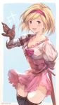  1girl absurdres black_legwear blonde_hair blush breasts brown_eyes cleavage collarbone djeeta_(granblue_fantasy) granblue_fantasy hairband highres large_breasts looking_at_viewer milli0401 open_mouth short_hair smile solo thigh-highs twitter_username 