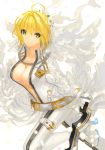  1girl ahoge blonde_hair blush boots breasts chains cleavage closed_mouth eyebrows_visible_through_hair fate/extra fate/extra_ccc fate_(series) gloves green_eyes high_heel_boots high_heels large_breasts lloule lock looking_at_viewer saber_bride saber_extra short_hair smile solo thigh-highs thigh_boots white_boots white_gloves 