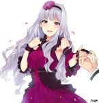  1girl :d absurdres bare_shoulders blush detached_sleeves dress gloves hairband highres idolmaster idolmaster_million_live! long_hair looking_at_viewer open_mouth petals pov shijou_takane silver_hair simple_background smile solo_focus tears tuxedo_de_cat violet_eyes white_background 