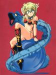  1girl 80s arm_up armlet armor bikini_armor boots bracelet green_hair hand_behind_head highres horns jewelry kahm long_hair looking_at_viewer manabe_jouji monster official_art oldschool outlanders red_background simple_background sitting smile solo sphere 