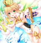  1girl ahoge artoria_pendragon_(swimsuit_archer)_(fate) blonde_hair cape competition_swimsuit cowboy_shot crown fate/grand_order fate_(series) green_eyes looking_at_viewer nogi_takayoshi one-piece_swimsuit open_mouth saber solo splashing swimsuit sword water water_gun weapon 