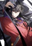 1boy artist_name bangs black_hair blurry brown_eyes choker eyebrows_visible_through_hair hair_between_eyes inuyasha inuyasha_(character) japanese_clothes jewelry long_hair looking_at_viewer male_focus necklace sheath sheathed smile sukja sword weapon wind 