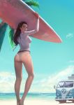 1girl ass barefoot beach blue_eyes braid breasts brown_hair clouds commentary day from_behind highres holding kim_junghun long_hair long_sleeves looking_back medium_breasts original outdoors palm_tree parted_lips sky solo standing surfboard tree volkswagen_type_2 water white_bikini_bottom 