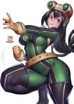  1girl :&gt; asui_tsuyu black_eyes black_hair blush bodysuit boku_no_hero_academia bokuman breasts frog_girl gloves green_bodysuit green_hair hair_rings long_hair long_tongue looking_at_viewer low-tied_long_hair smile solo tongue tongue_out 