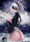  1girl ass back back_cutout black_gloves blindfold breasts gloves hairband highres leotard mole mole_under_mouth nier_(series) nier_automata rororogi_mogura sideboob solo water white_hair yorha_no._2_type_b 