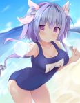  &gt;:) 1girl beach blue_hair breasts collarbone day food holding holding_food i-19_(kantai_collection) jan_(janpx2012) kantai_collection large_breasts long_hair name_tag ocean popsicle red_eyes school_swimsuit smile solo swimsuit tri_tails 