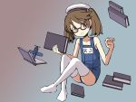  1girl adrian_ferrer aircraft airplane bespectacled book cosplay glasses gradient gradient_background hair_tie hat i-8_(kantai_collection) i-8_(kantai_collection)_(cosplay) kantai_collection ryuujou_(kantai_collection) sailor_hat school_swimsuit smile solo swimsuit thigh-highs twintails 