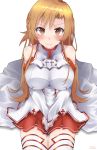  1girl absurdres asuna_(sao) blush breasts brown_eyes brown_hair closed_mouth collarbone eyebrows_visible_through_hair highres large_breasts long_hair looking_at_viewer rachel_bouvier red_skirt skirt solo sword_art_online 