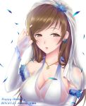  1girl amei_(a6872554) blush breasts brown_eyes brown_hair cleavage detached_sleeves dress earrings happy_birthday highres idolmaster idolmaster_cinderella_girls idolmaster_cinderella_girls_starlight_stage jewelry long_hair medium_breasts necklace nitta_minami parted_lips solo veil 