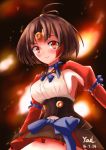  1girl absurdres artist_name blush breasts brown_hair closed_mouth dated eyebrows_visible_through_hair highres koutetsujou_no_kabaneri large_breasts looking_at_viewer mumei_(kabaneri) red_eyes short_hair sideboob smile solo youl 