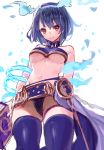  alice_(sinoalice) arms_at_sides bangs belt blue_hair blue_hairband blue_legwear breasts closed_mouth commentary_request crop_top from_below hairband holding looking_back medium_breasts navel red_eyes short_hair simple_background sinoalice standing starry_babe stomach thigh-highs under_boob 