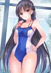  1girl ass_visible_through_thighs black_hair blue_swimsuit braid breasts casual_one-piece_swimsuit cowboy_shot highres horikita_suzune hoshimaemi long_hair looking_at_viewer medium_breasts one-piece_swimsuit red_eyes solo standing swimsuit thigh_gap youkoso_jitsuryoku_shijou_shugi_no_kyoushitsu_e 