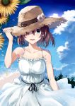  1girl :d absurdres bare_shoulders beach blue_eyes blue_sky blush brown_hair clouds cloudy_sky collarbone commentary_request daisy dress flower frilled_dress frills hat hat_flower highres kooan looking_at_viewer ocean open_mouth original outdoors petals short_hair sky smile solo straw_hat summer sun_hat sunflower white_dress white_flower 