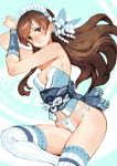  alternate_costume armpit_peek arms_up bare_shoulders blush breasts brown_eyes brown_hair cleavage codename47 hair_ornament hairclip highres idolmaster idolmaster_cinderella_girls japanese_clothes long_hair looking_at_viewer nitta_minami parted_lips simple_background smile thigh-highs white_legwear 
