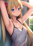  1girl alexmaster armpits arms_behind_head arms_up bangs bare_arms blonde_hair blue_eyes blush breasts camisole collarbone day eyebrows_visible_through_hair hair_between_eyes hair_ribbon highres indoors long_hair looking_at_viewer original parted_lips red_ribbon revision ribbon shiny shiny_hair sidelocks small_breasts solo sweat sweat_stain sweating twintails upper_body window 